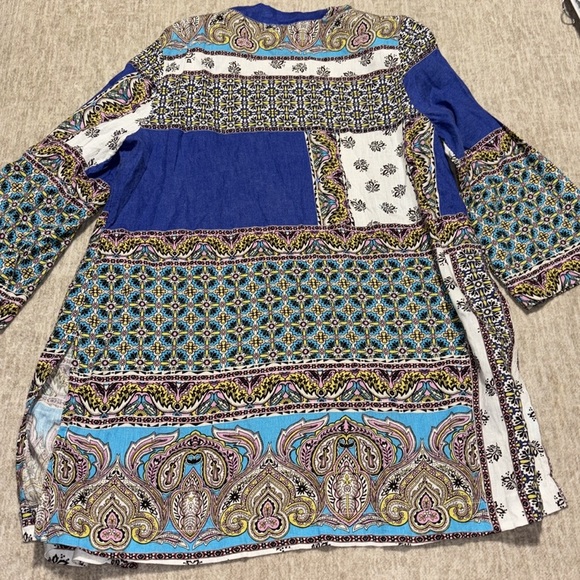 Chico's sz 2 12/14 100% linen open cardigan duster l/xl paisley blue Easter - Picture 6 of 8